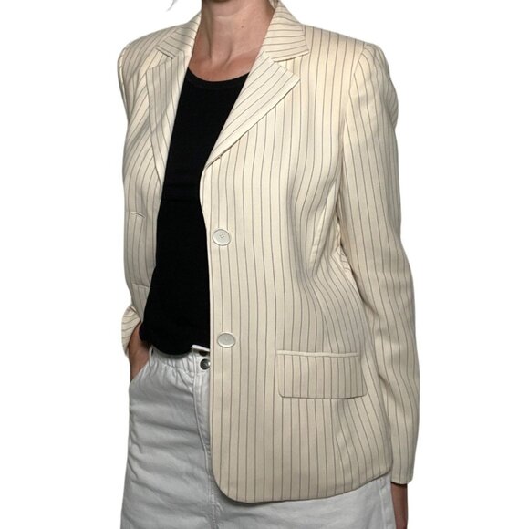 Akris Wool Blend Pinstripe 2-Button Blazer Ivory Cream Black Classic Size 10 - Picture 2 of 16
